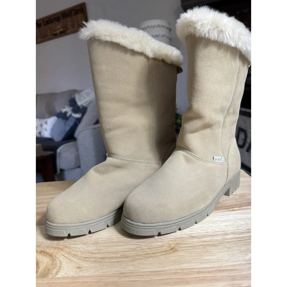 Sporto Boots Women's Sz 7 Mid Calf Pull On Winter Snow Boot Camel Suede Leather